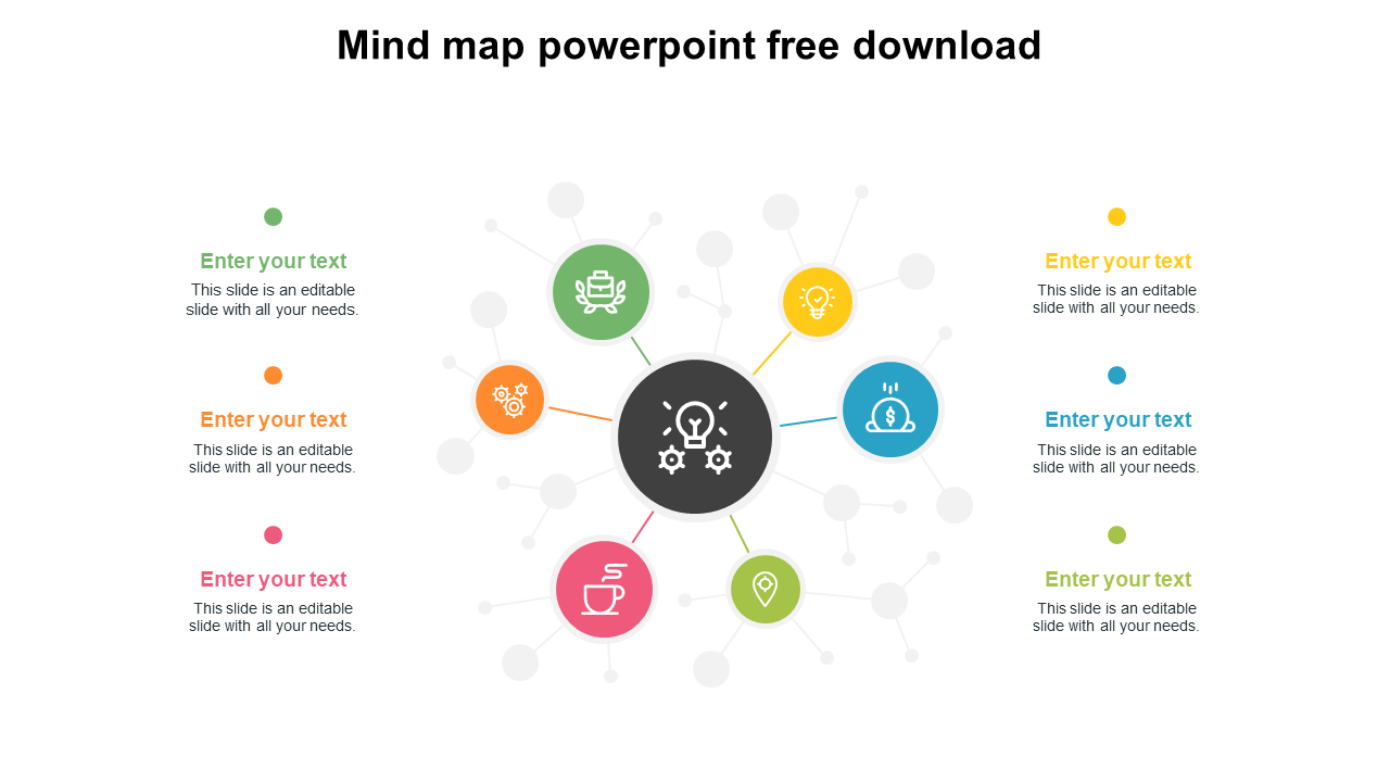 Mind map PowerPoint template with a central idea represented by a lightbulb, connected to colorful nodes with icons.