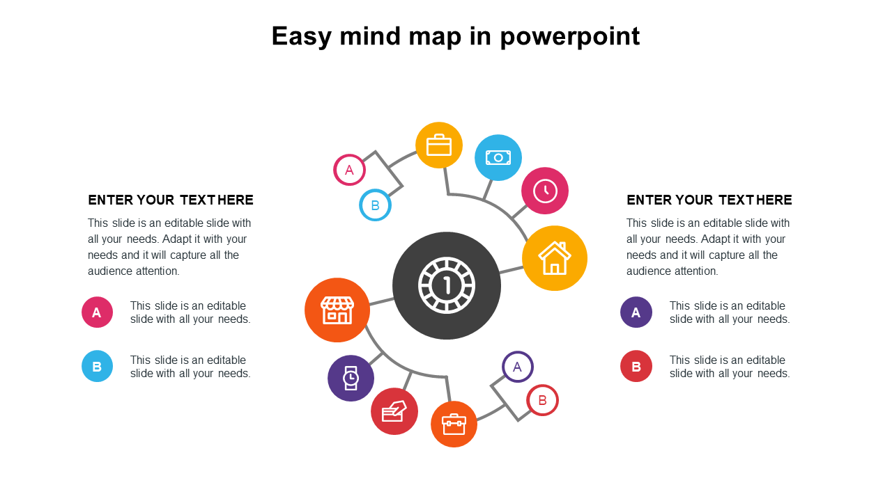 Colorful mind map PowerPoint slide with a central hub and multiple connected business related icons with placeholder text.