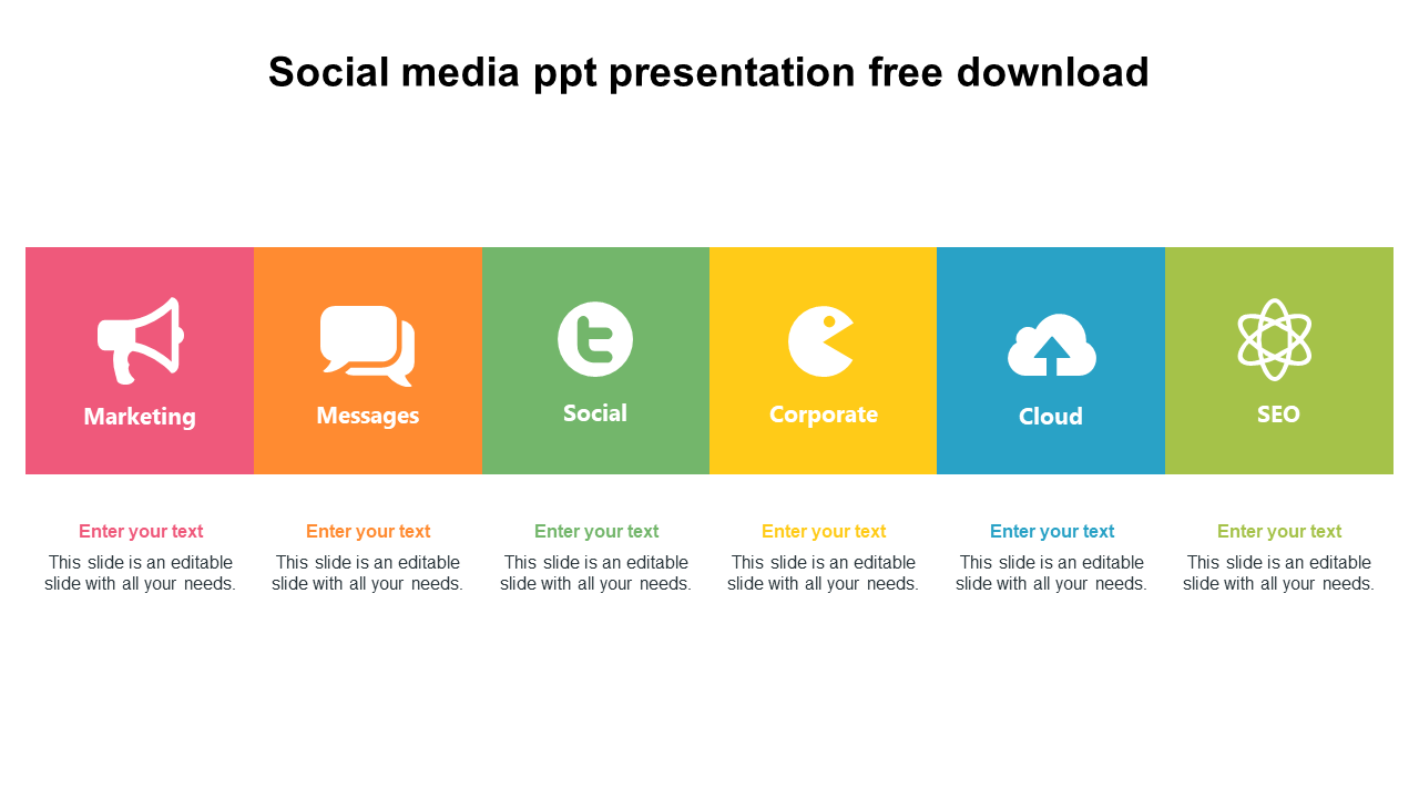 Social media slide with icons in pink, orange, green, yellow, blue, and lime tiles, each labeled for different topics.