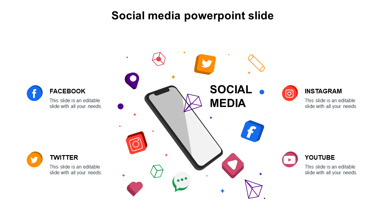 Slide with a phone icon surrounded by colorful social media symbols and four text labels for each platform.