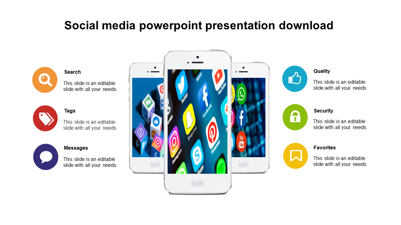 Social media PPT slide featuring three smartphones displaying social media icons, with labels highlighting key features.