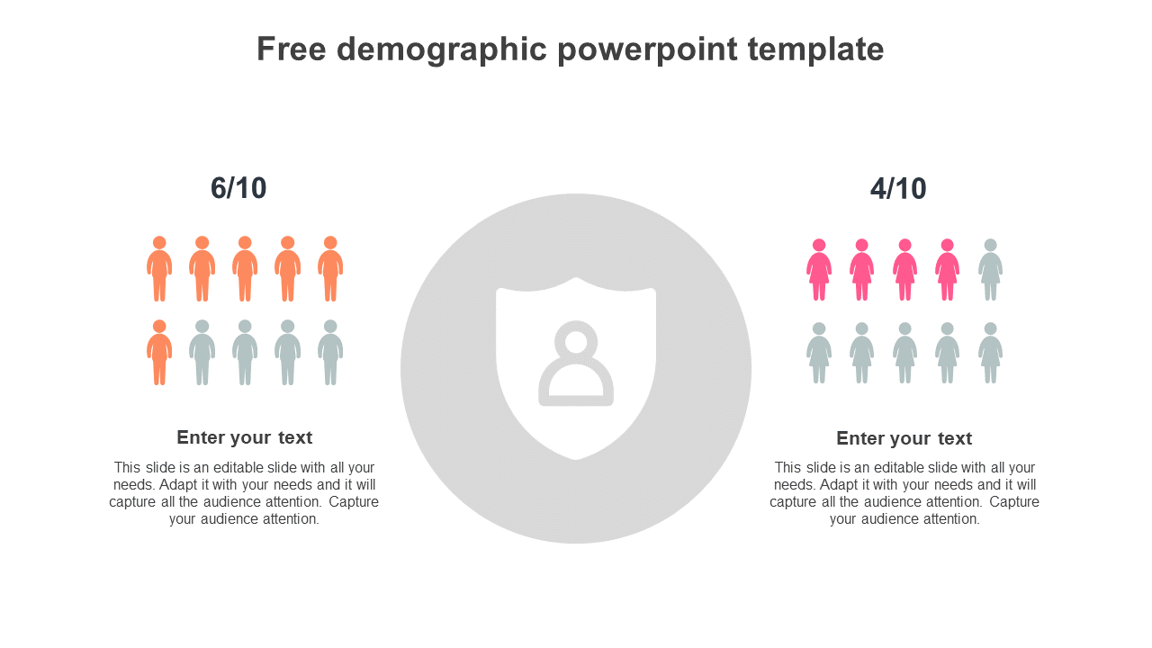 Slide showing demographic statistics with orange and pink person icons on either side of a gray shield graphic.