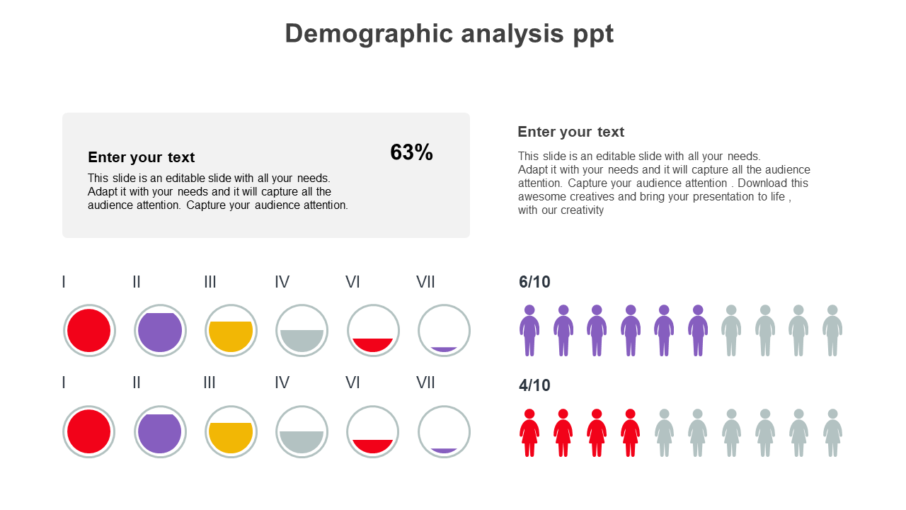 Infographic showing demographic data with colorful circular pie charts, text boxes, and colored figures in purple and red.