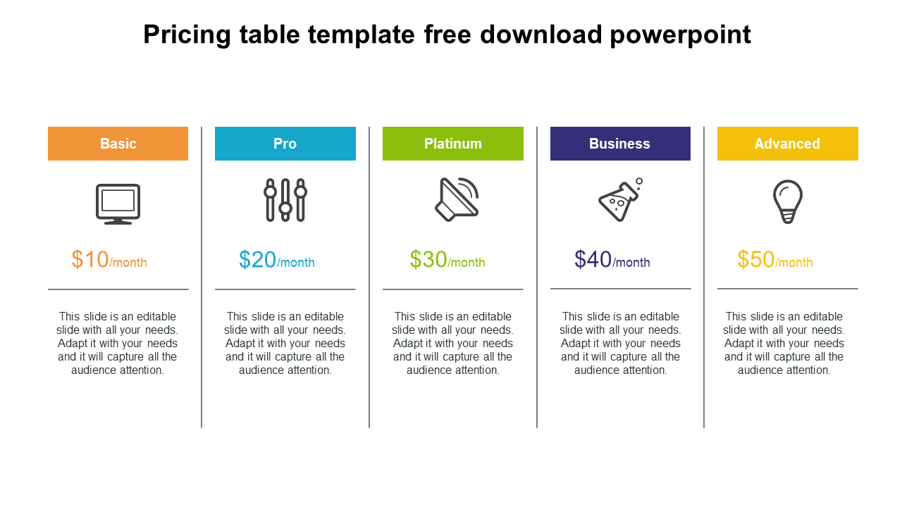 Innovative Pricing Table Template Free Download PowerPoint