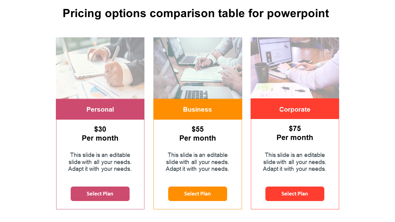 Three pricing plans displayed in pink, orange, and red columns, each with an image at the top and a select button below.