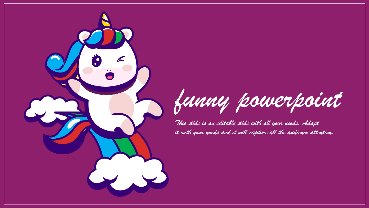 Adorable unicorn sliding on a rainbow, set against a vibrant purple background with text.