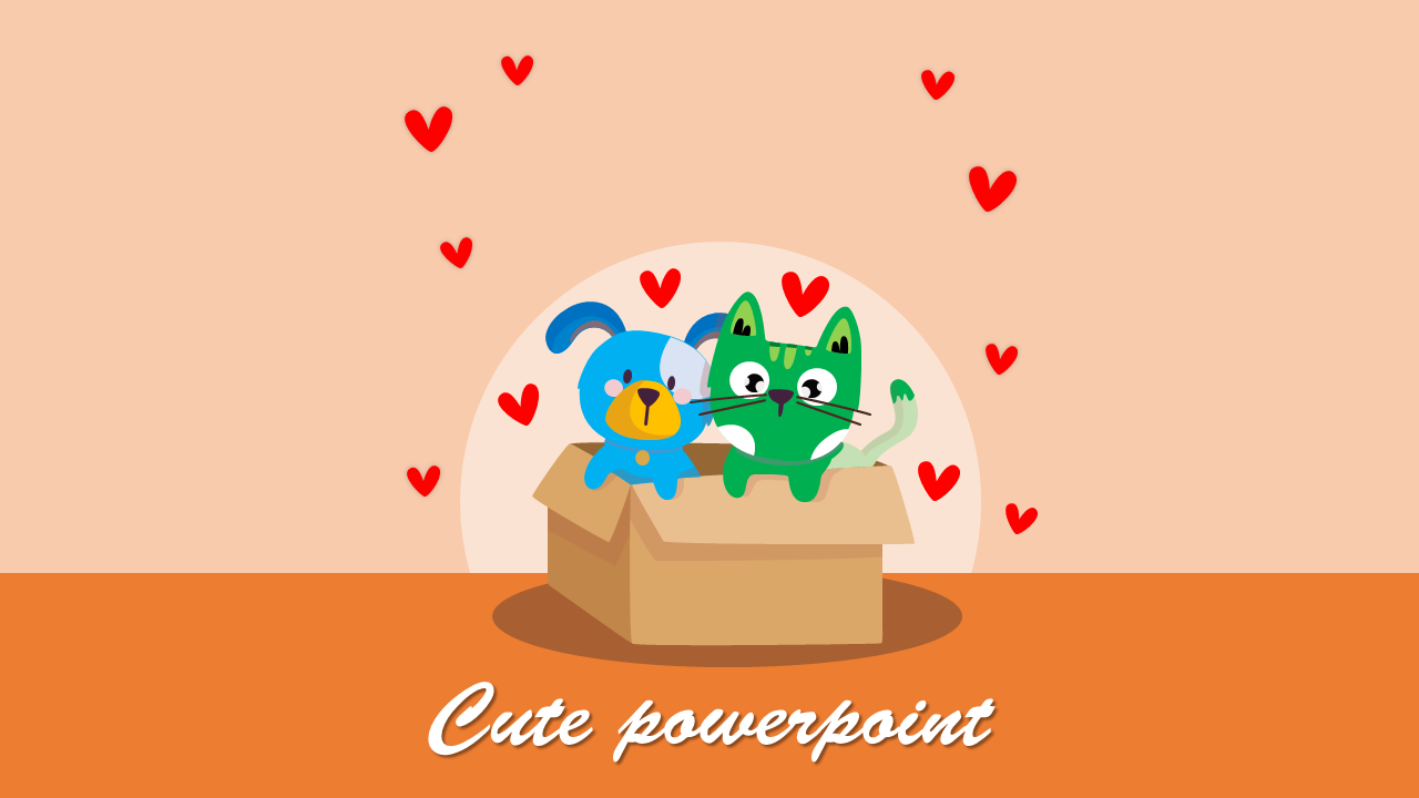 Playful scene with a blue dog and a green cat inside a box, surrounded by floating red hearts on a soft peach background.