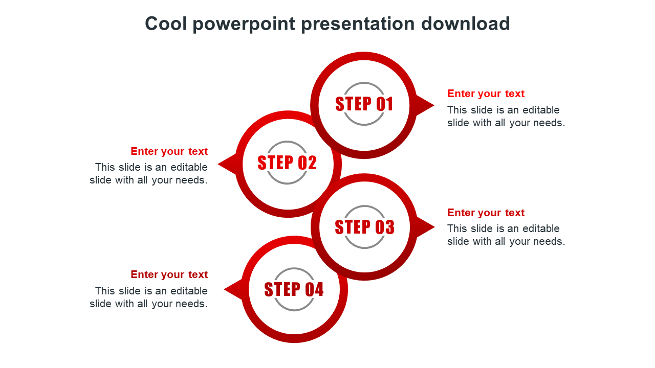 Vertical layout with four red circles representing step numbers, each containing a section for text.