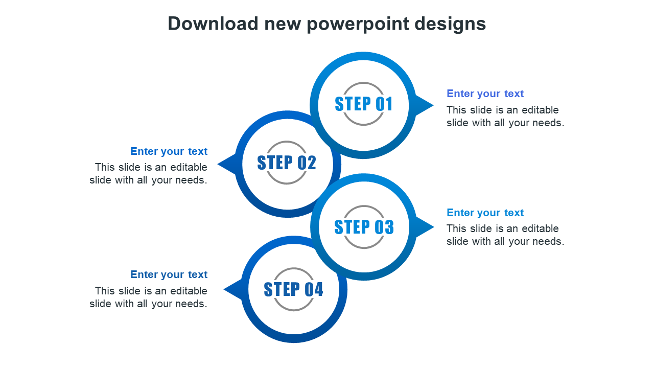 New PowerPoint slide with four steps in a blue circular design and placeholder text for each.