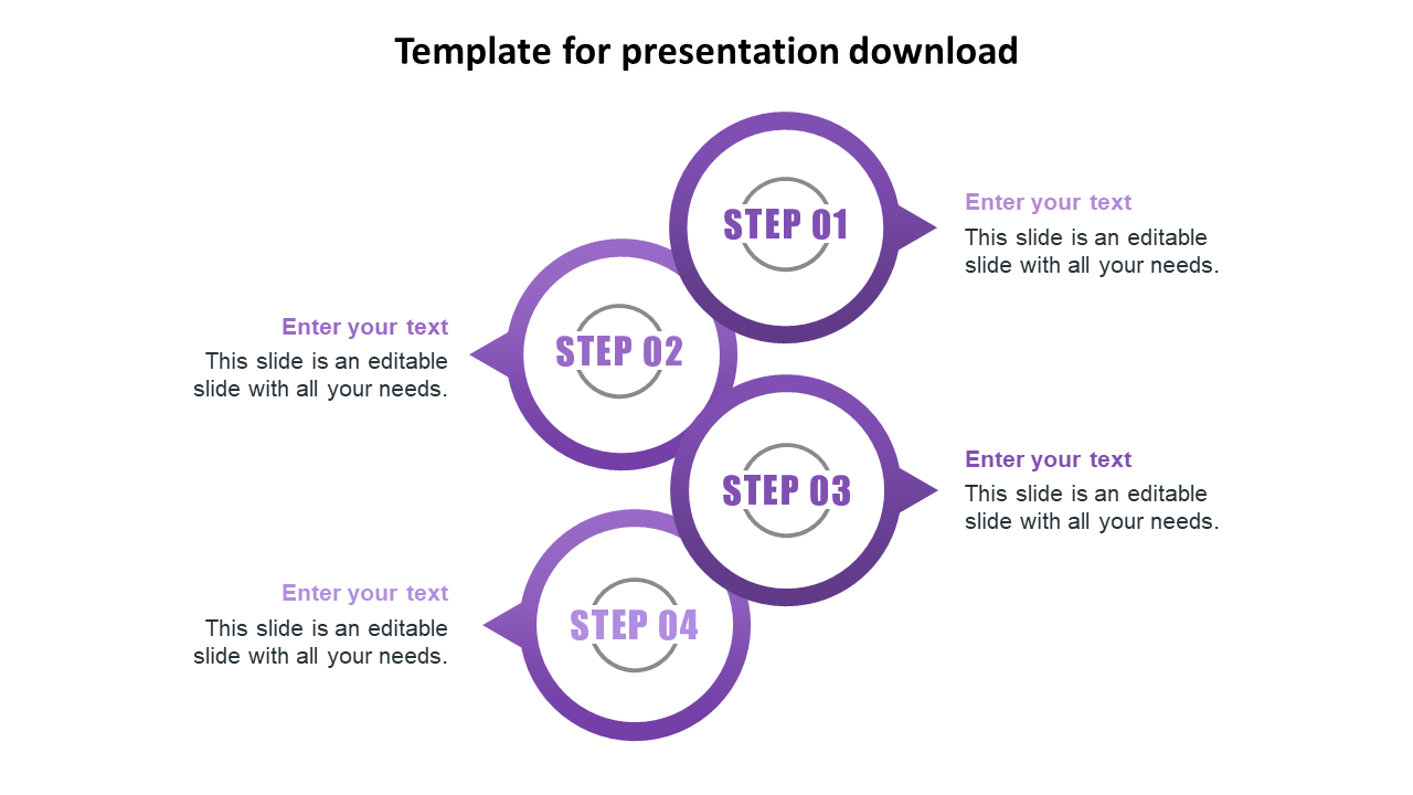 Cool modern process flow PowerPoint slide featuring four overlapping purple circles with numbered steps and placeholder text.