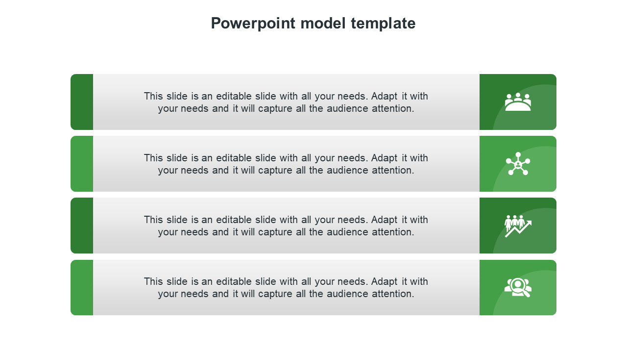 Four horizontal rows with green end panels, gray text boxes in the center, and white icons aligned to the right.