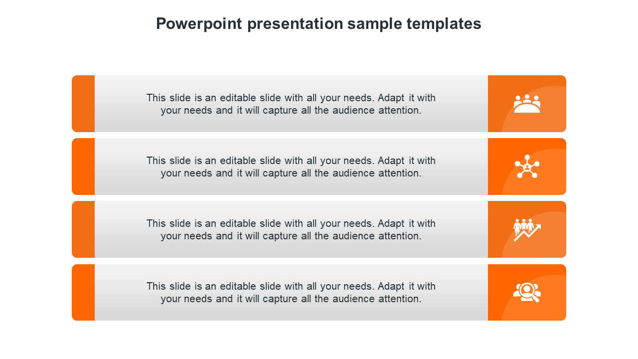 Sample PowerPoint template with four horizontal sections, each containing icons and text areas in orange and gray.