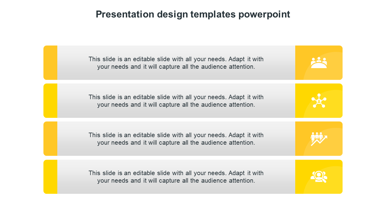 Sample PowerPoint template with four horizontal sections, each containing icons and text areas in yellow and gray.