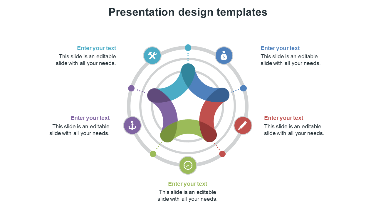 Colorful abstract design slide diagram with interconnected segments and icons, showcasing multiple text areas.