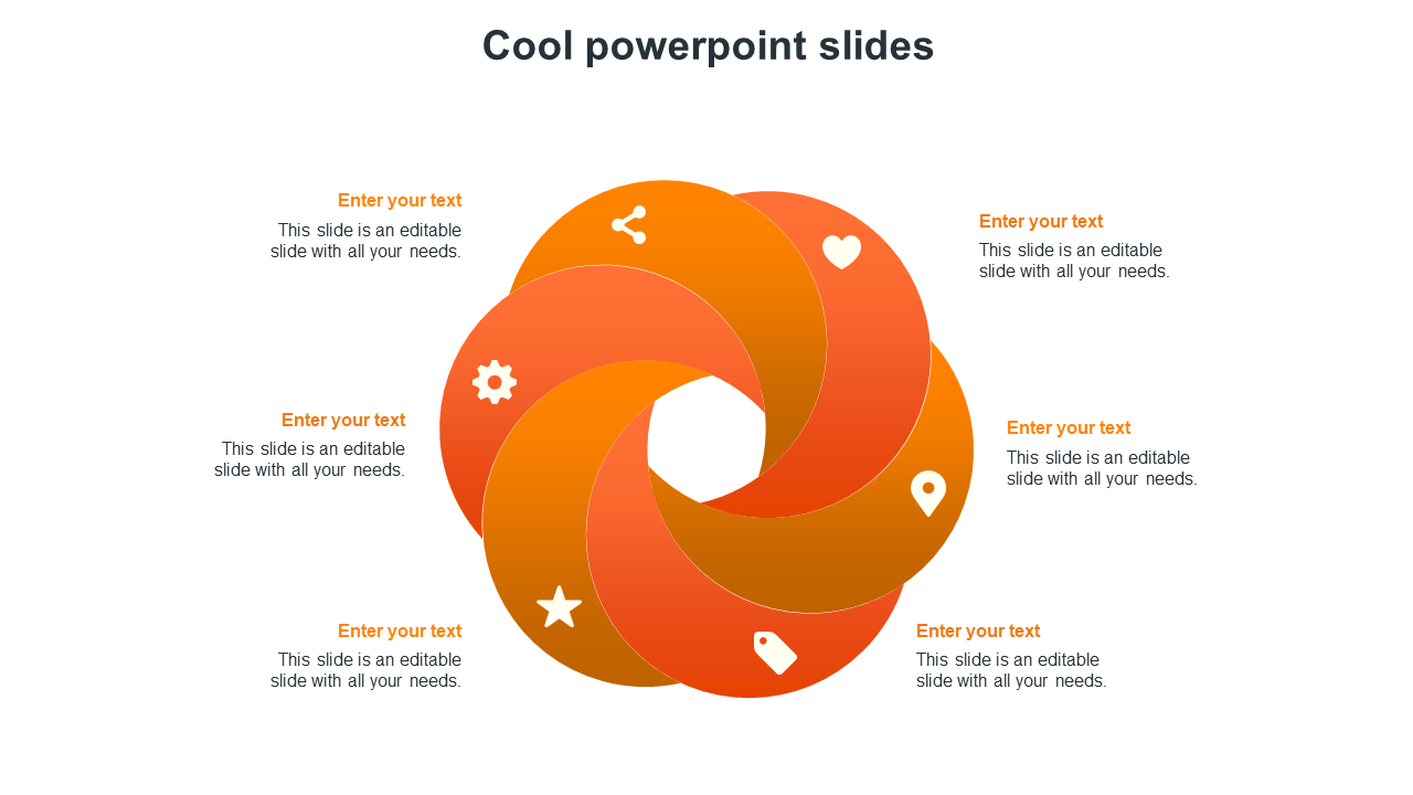 Professional spiral diagram with six orange sections, each containing an icon and text fields around it.