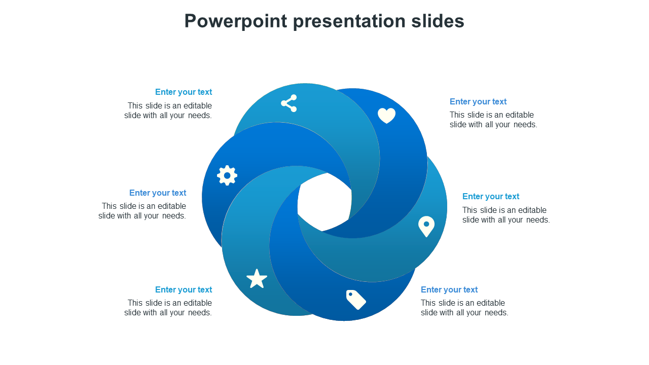 PowerPoint slide with a circular blue swirl diagram featuring six icons and text placeholders on a white backdrop.