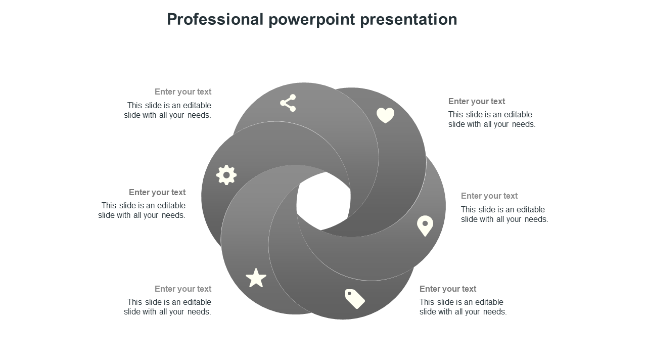 Circular diagram with six gray segments, each containing an icon and space for text, arranged in a spiral layout.