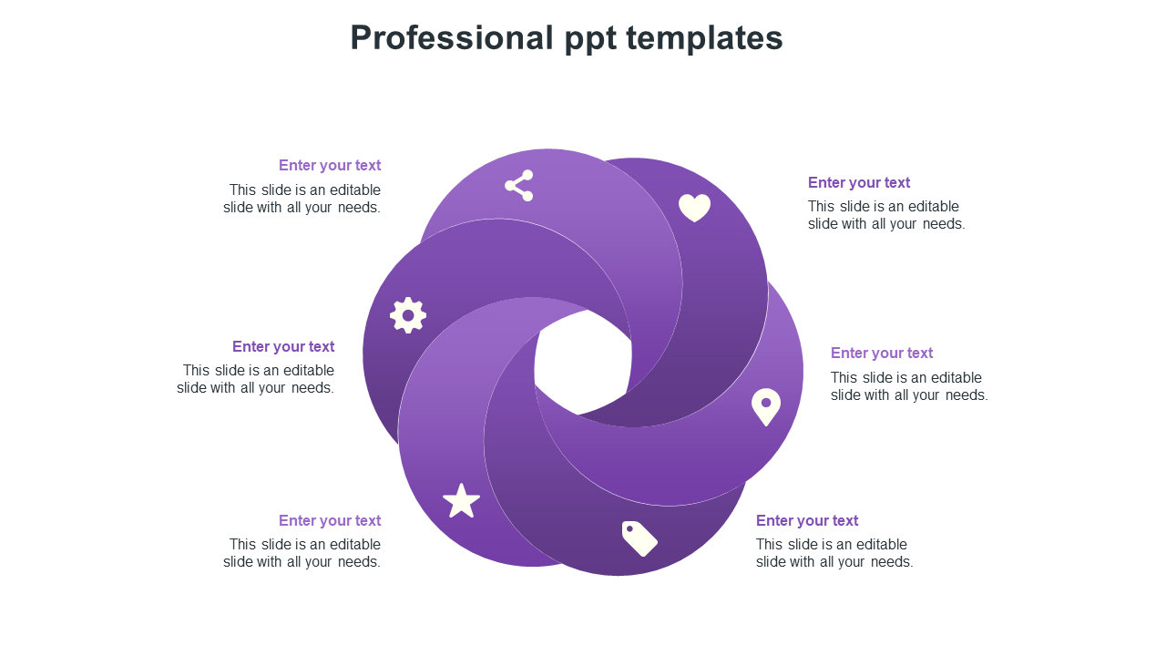 PowerPoint slide with a circular purple swirl diagram featuring six icons and text placeholders on a white backdrop.