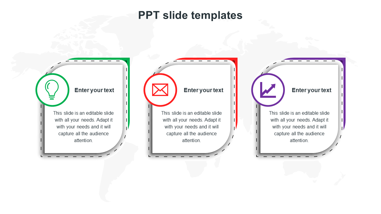 Template with three rectangular blocks, each featuring an icon and space for text in green, red, and purple.