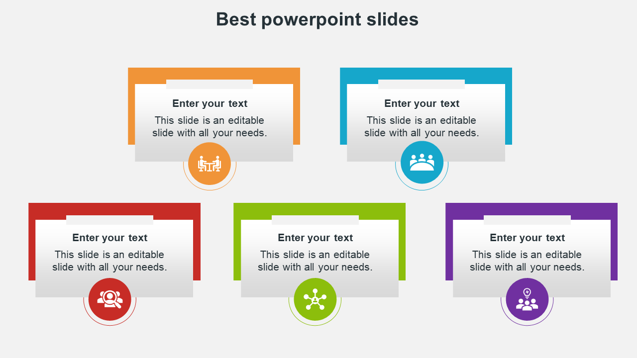 Business PowerPoint template with five structured content blocks in red, blue, orange, green, and purple, each with an icon.