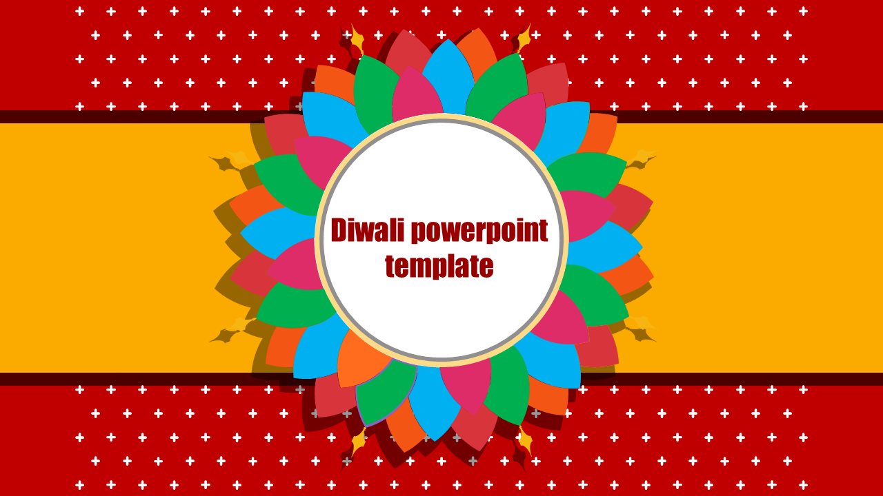 Diwali PowerPoint template with a colorful floral design and a red and yellow background.