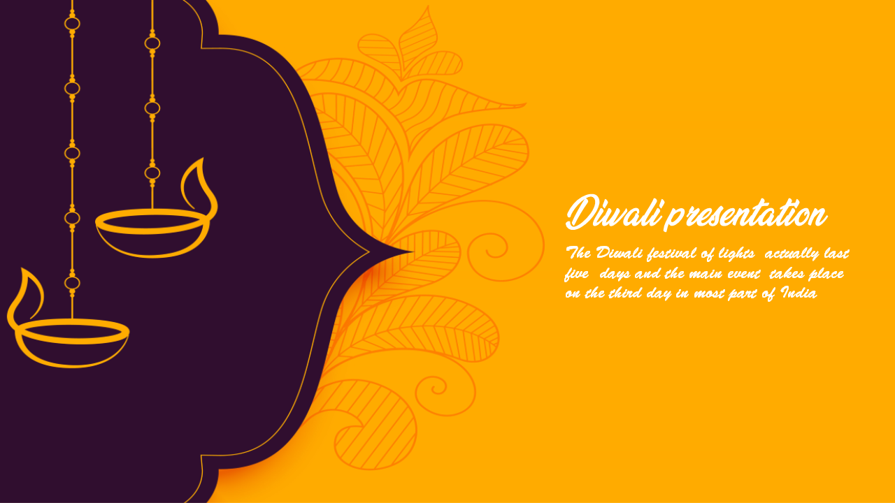 Diwali slide with a dark purple and orange design, featuring hanging diya icons and festive text about the celebration.