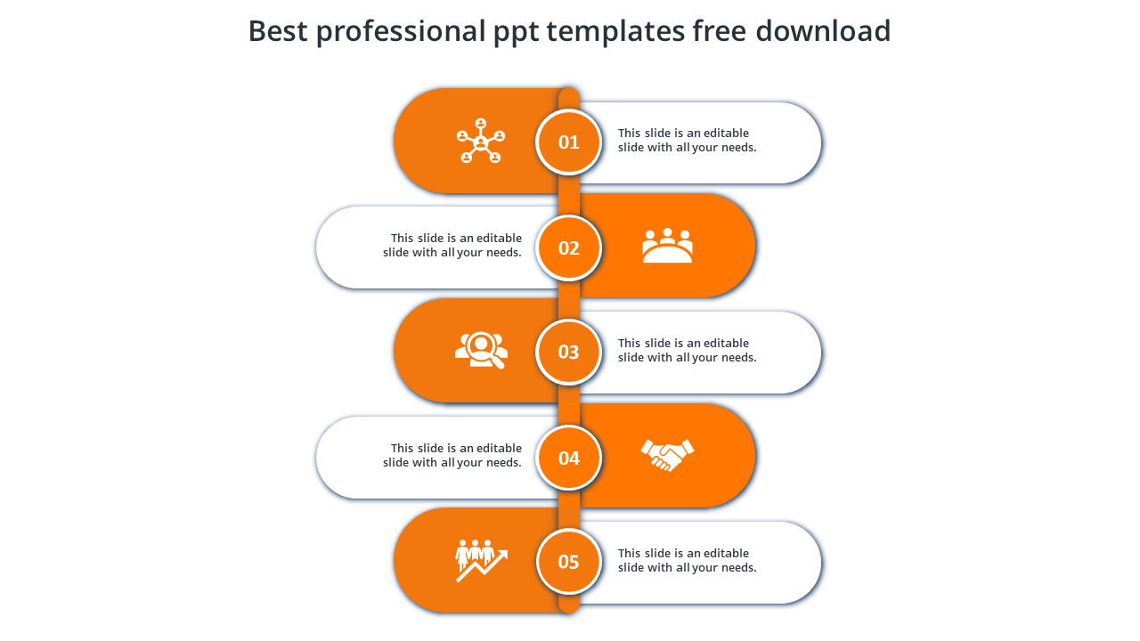 Professional template featuring a vertical timeline of five steps, each marked by icons with caption areas.