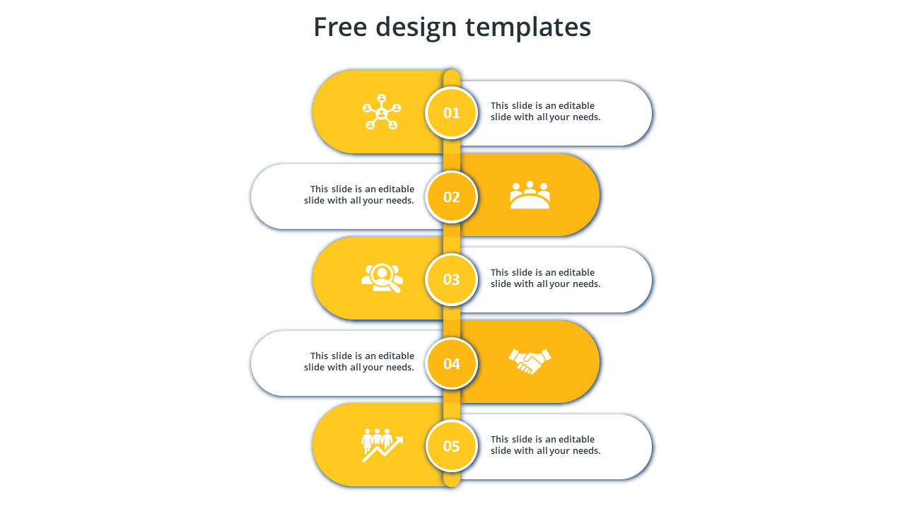 Timeline-style design with five numbered steps, featuring icons in yellow and white oval shapes.