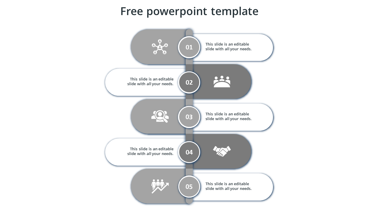 Vertical step by step PowerPoint template with five labeled sections and icons for each step.