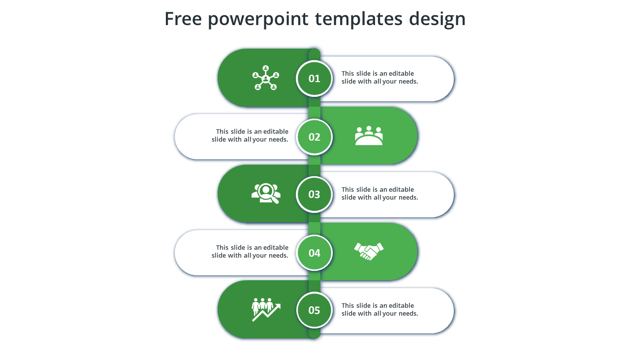 Green and white-themed five-stage flowchart design with icons and numbers, arranged to depict a step-by-step process.