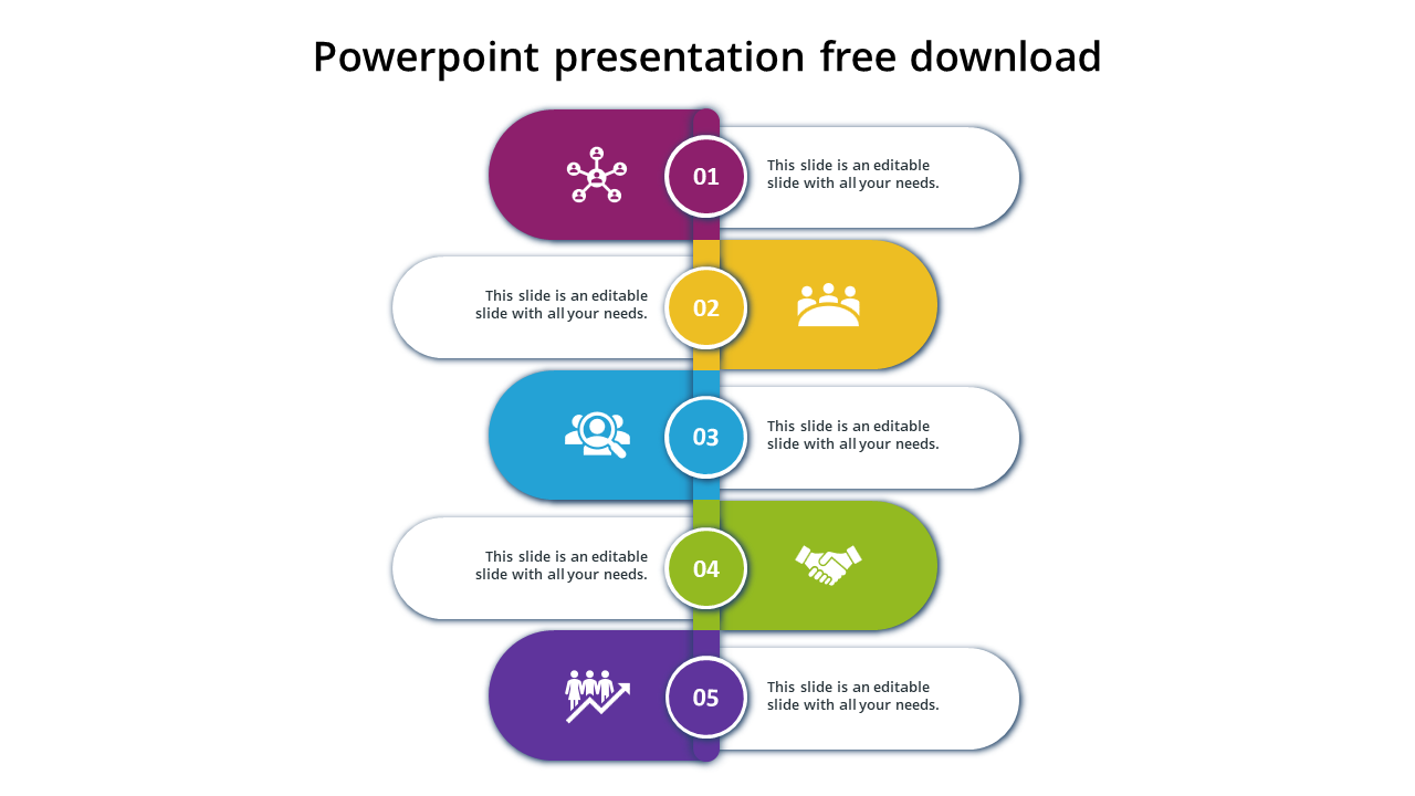 Vertical layout with five numbered steps, each containing an icon and a caption, in maroon, yellow, blue, green, and purple.