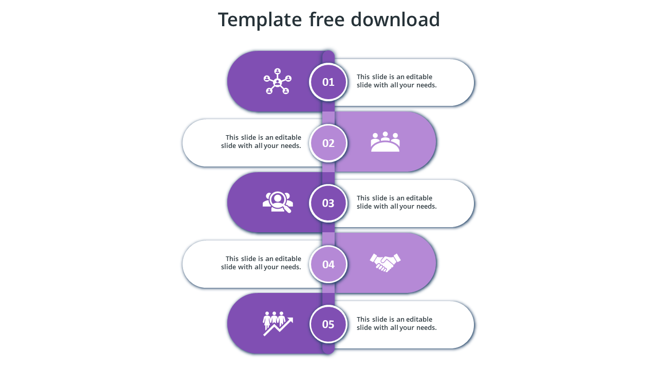 Vertical timeline PowerPoint template with five purple gradient steps and icons with placeholder text on a white backdrop.