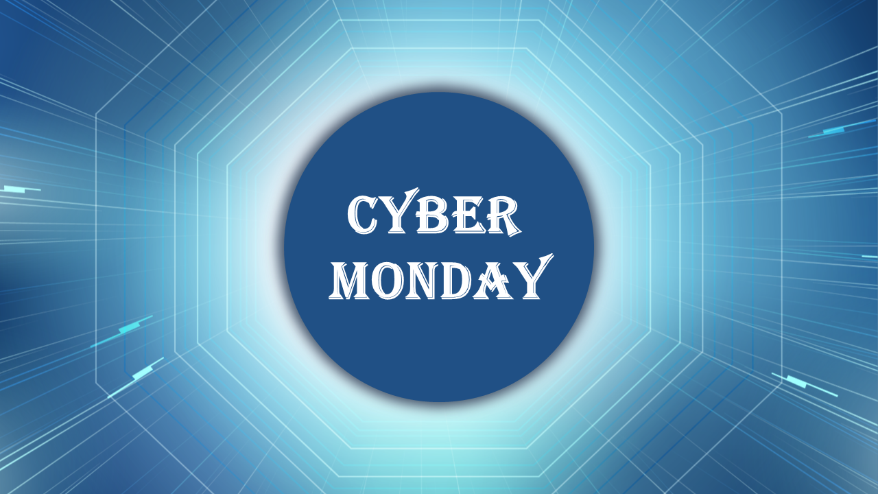 Cyber monday slide with a futuristic design featuring blue digital lines radiating from a central circle featuring the text.