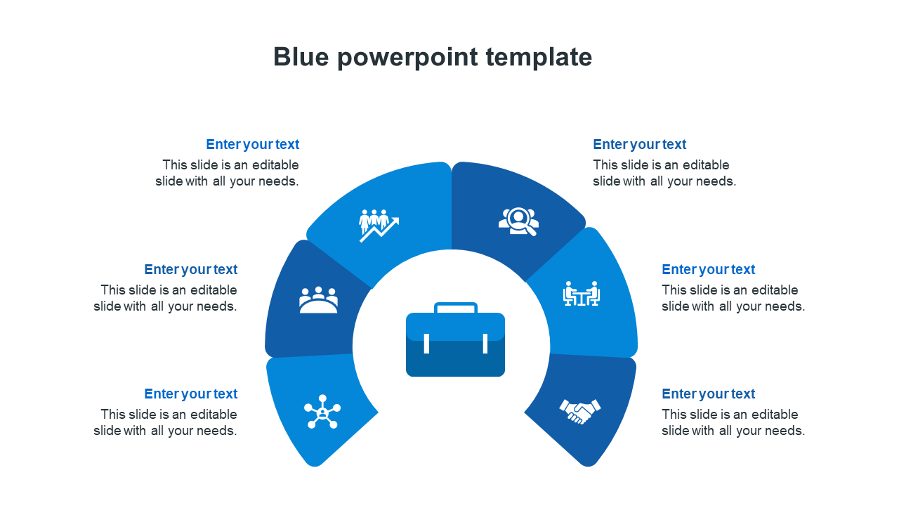 Professional blue themed PowerPoint template with a semi circular infographic and central business icon with text area.