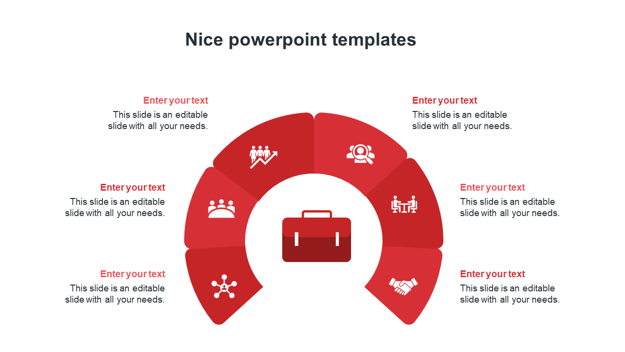 Nice slide featuring a red semicircular design with icons and placeholder text.