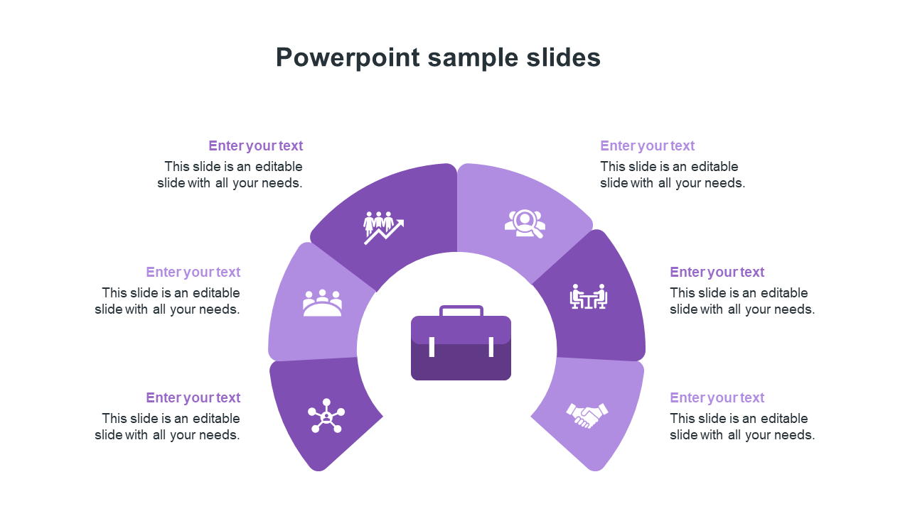 Semi circular flowchart with Six purple segments labeled with icons and a briefcase symbol at the center.