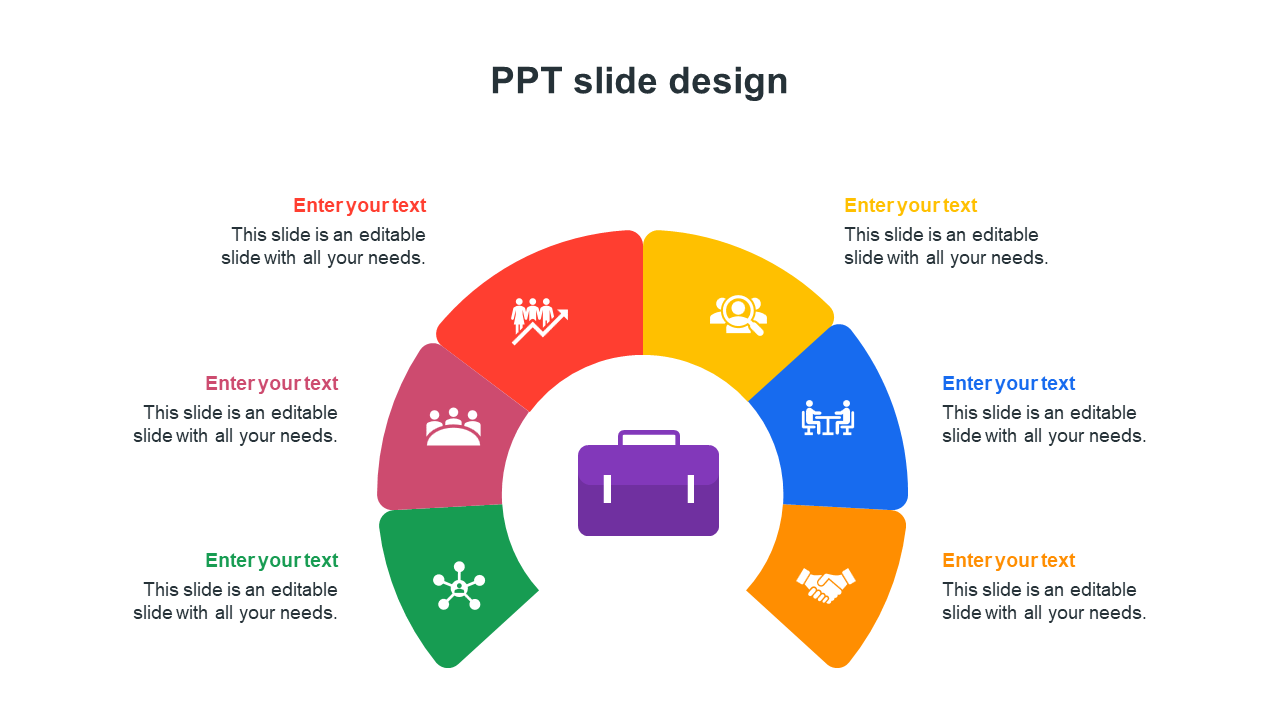 Colorful PPT slide design with a semi circular infographic, business icons, and text placeholders on a white backdrop.