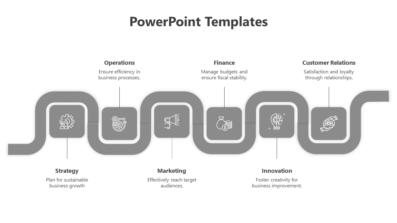 Six gray squared with curved connections and icons depicting various business strategies and operations.