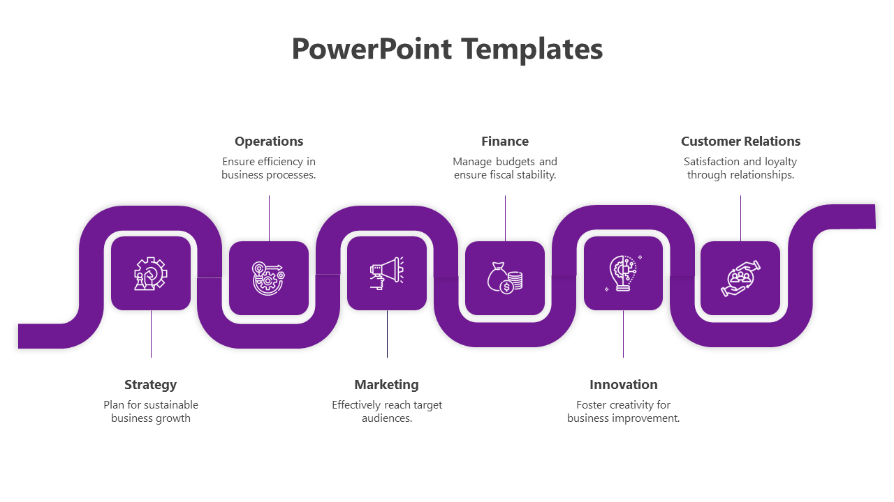 Curved purple infographic PowerPoint template with six key business elements from strategy to customer relations with icons.