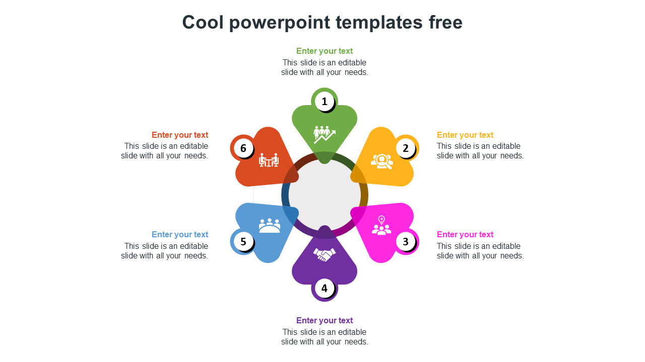 Circular infographic with six petals, each containing a cool icon and placeholder text, connected to a central icon.