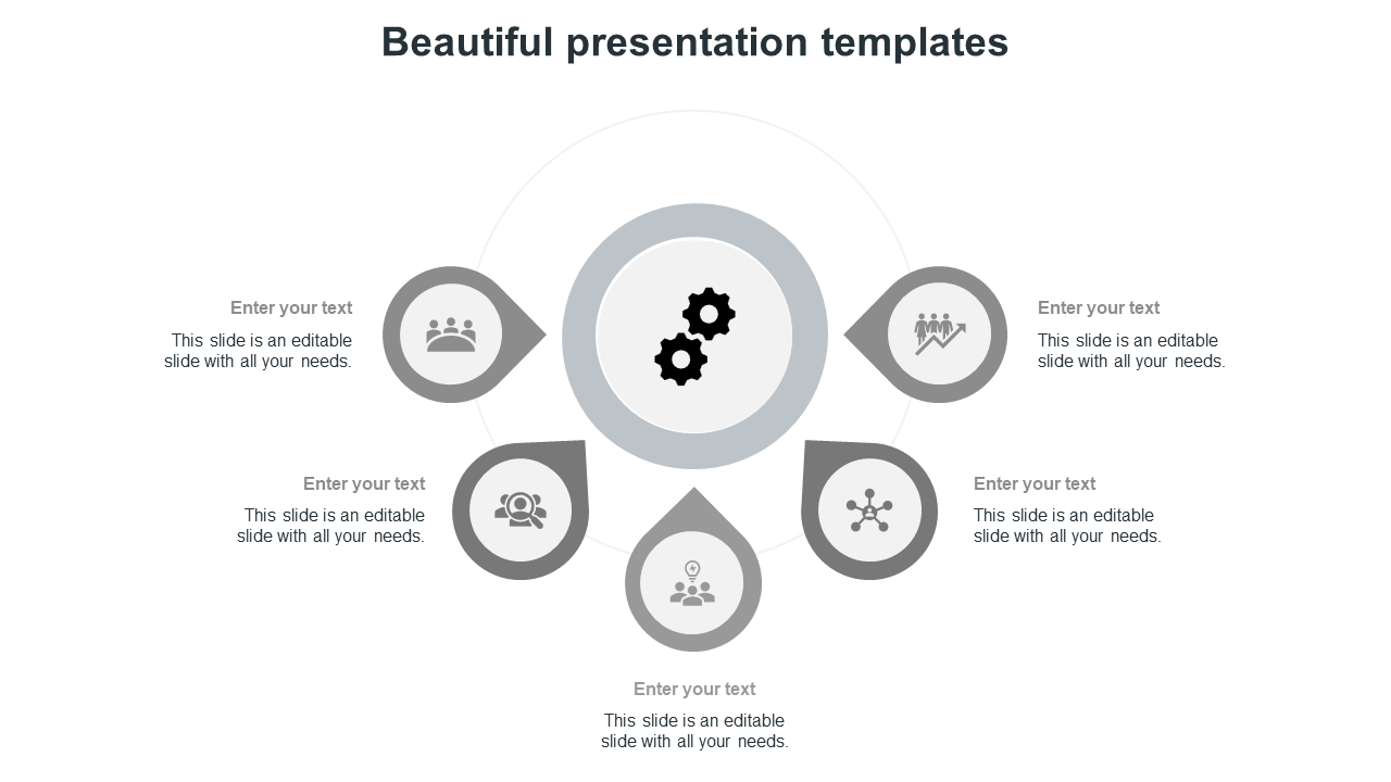 Minimalist grey circular infographic PowerPoint template with five sections surrounding a central gear icon.