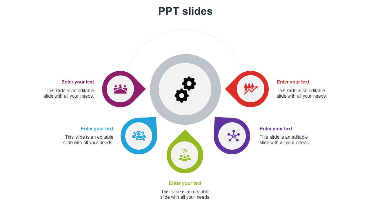 Circular infographic PowerPoint slide with five colorful sections and a central gear icon for process visualization.