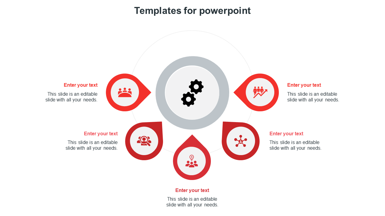 Minimalist red circular infographic PPT slide with five sections surrounding a central gear icon with placeholder text.