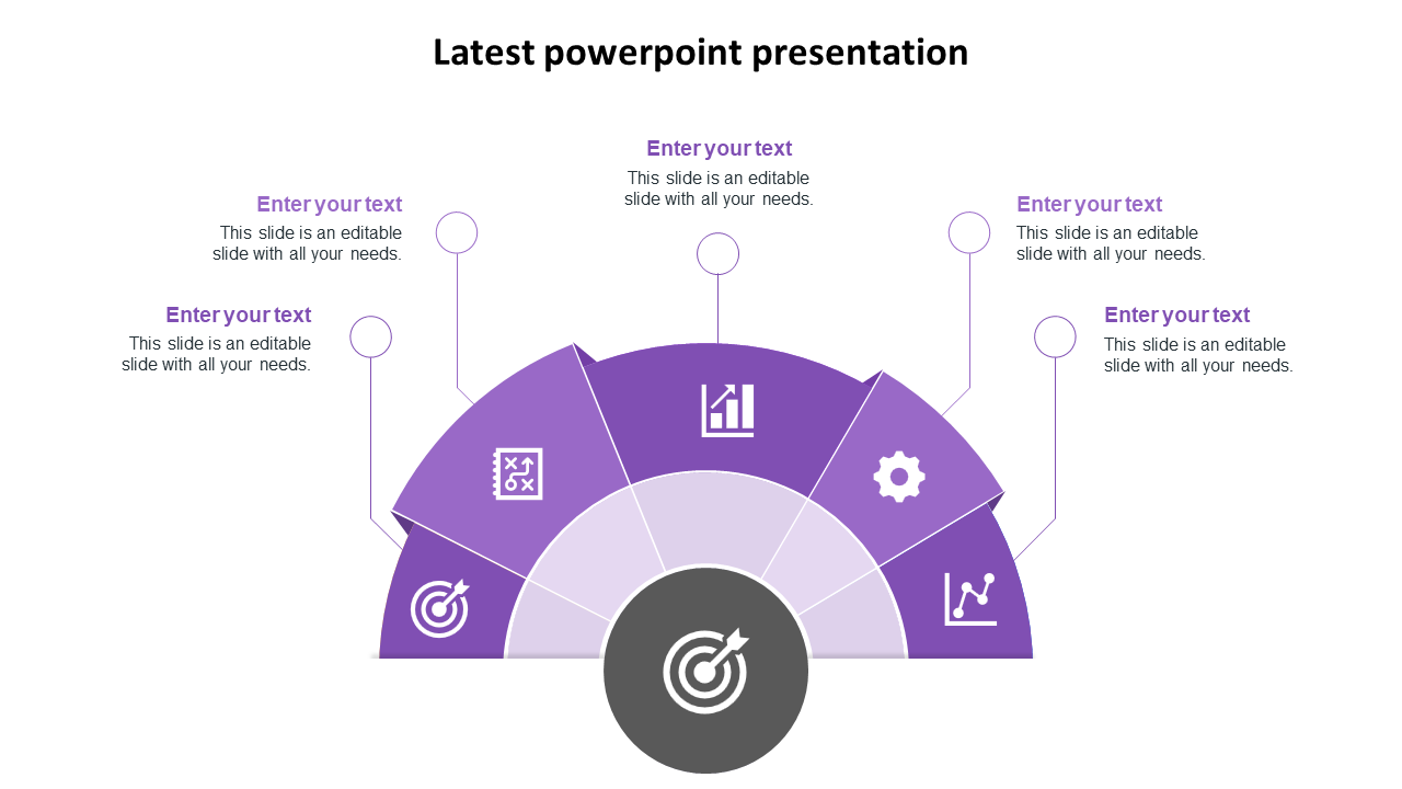 Purple themed semi circular infographic PPT slide with five sections and a central target icon with placeholder text.