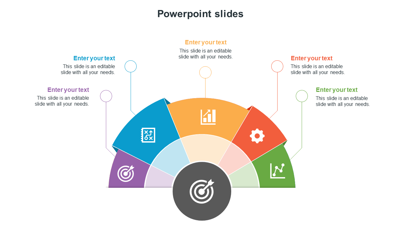 Semi-circle chart with five colorful sections and icons, with text placeholders extending from each section.