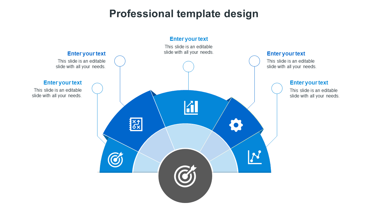 Blue and white semi circular template design with five sections, featuring icons arranged around a central black target.