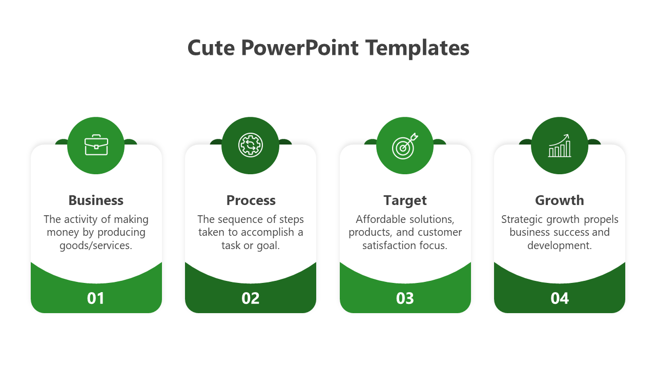 The cute PPT slide features four green and white business cards displaying icons and text descriptions.