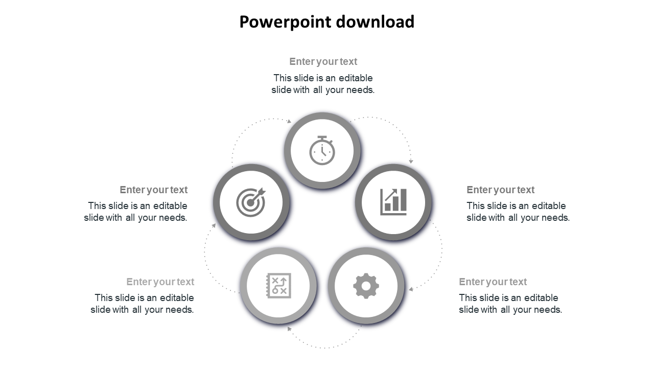 Minimalist PPT template with five grey circular icons for strategy, time management, analytics, planning, and settings.