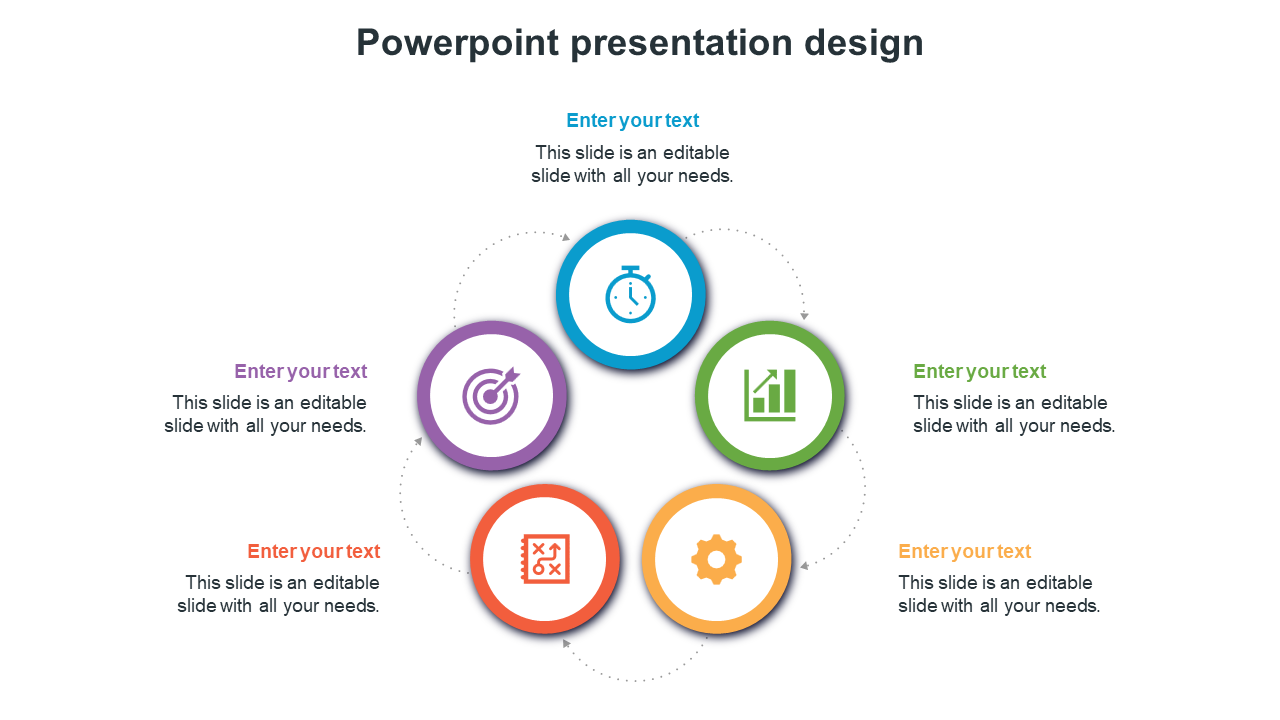 PowerPoint slide featuring a design with circular icons representing planning, time, strategy, and analysis with text area.