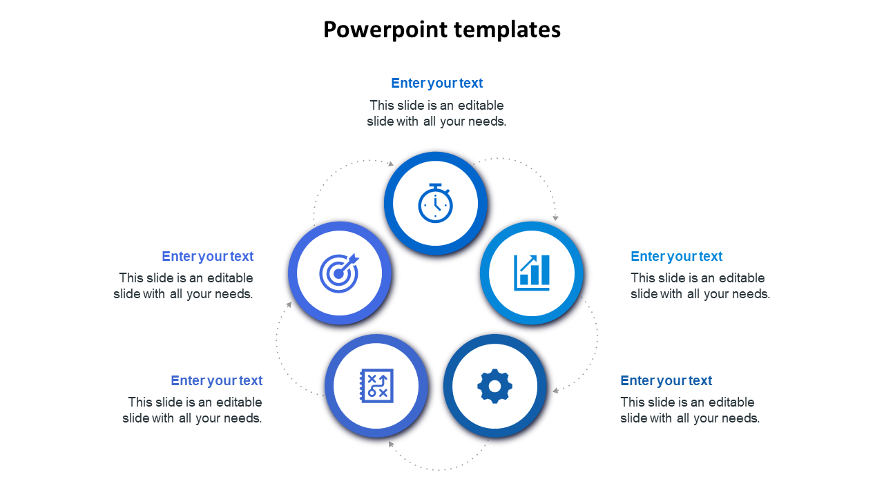 PowerPoint design featuring five blue circular icons connected by dotted arrows and space for text.